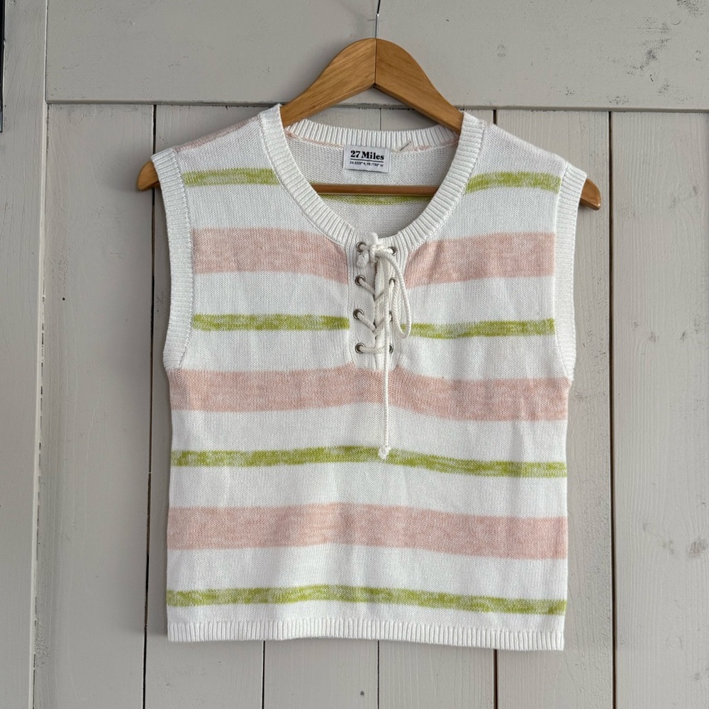 27 Miles Striped Lace-Up Knit Top— White with Blush Pink & Lime Stripes